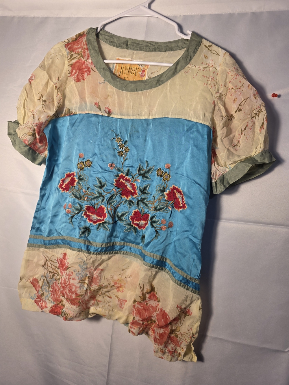 Johnny Was Blue Panel Floral Embroidered Short Sleeve Blouse Small Vintage